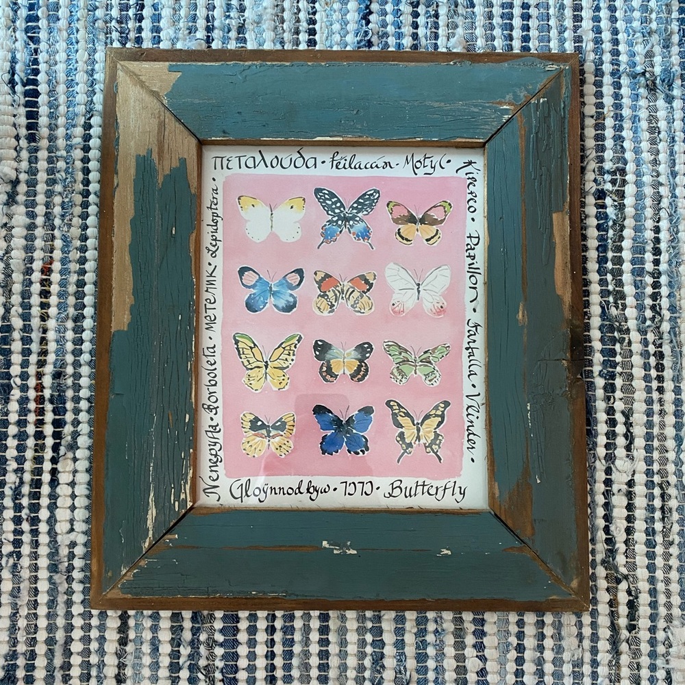 Watercolor print with blue wooden handmade frame.  13.25”x15.25”. Like new.